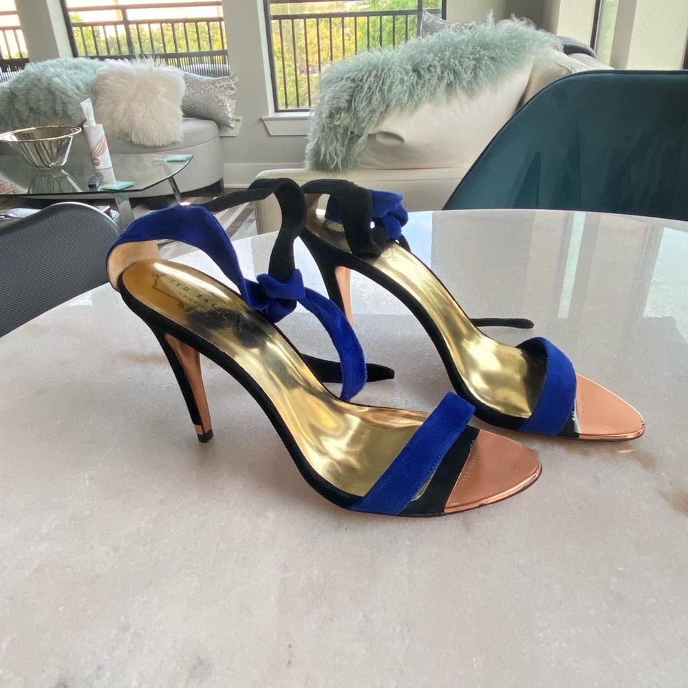Ted Baker Sackina Blue Gold Suede Ankle Strap Sandal